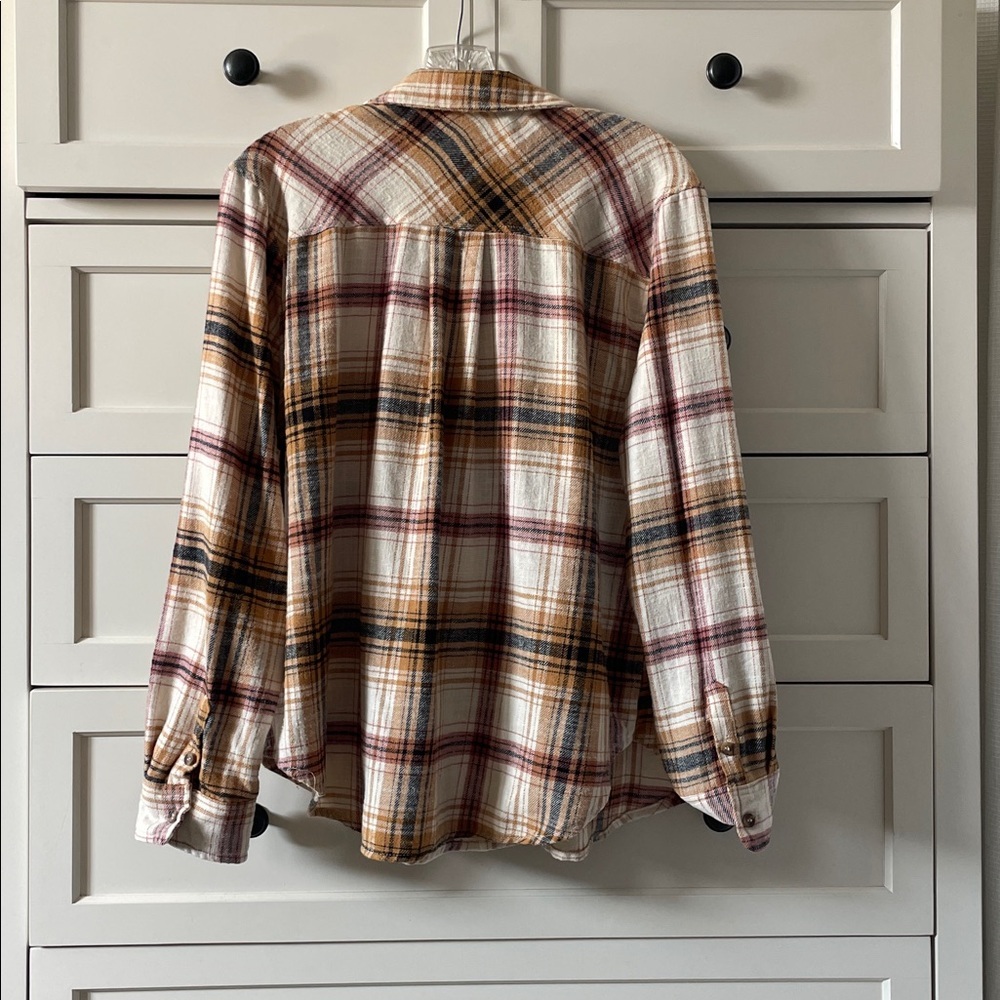 Stitch&Feather Oversized Fall Cozy Plaid Flannel Button Down Shirt Mustard/Red M - Picture 4 of 4